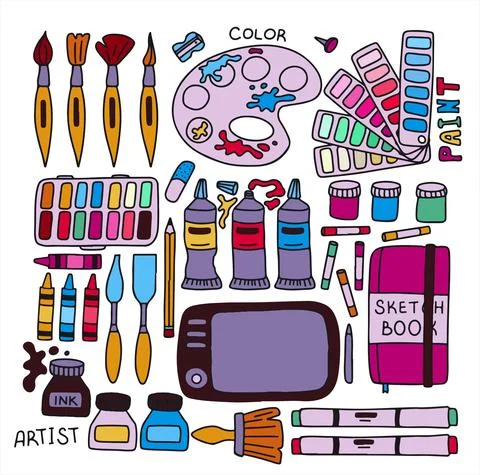 Vector art tools sketch. set hand drawn vector artist s supplies. Doodle graphic Stock Illustration