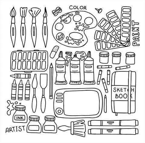 Vector art tools sketch. set hand drawn vector artist s supplies. Doodle graphic Stock Illustration