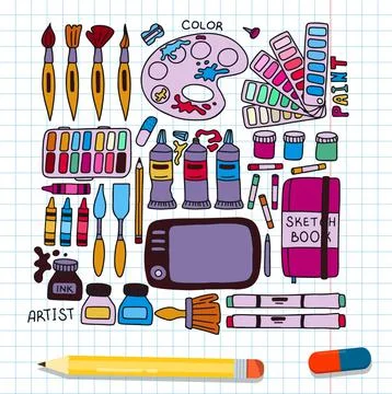 Vector art tools sketch. set hand drawn vector artist s supplies. Doodle graphic Stock Illustration