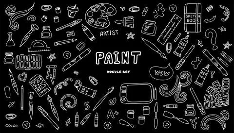 Vector art tools sketch. set hand drawn vector artist s supplies. Doodle graphic Stock Illustration