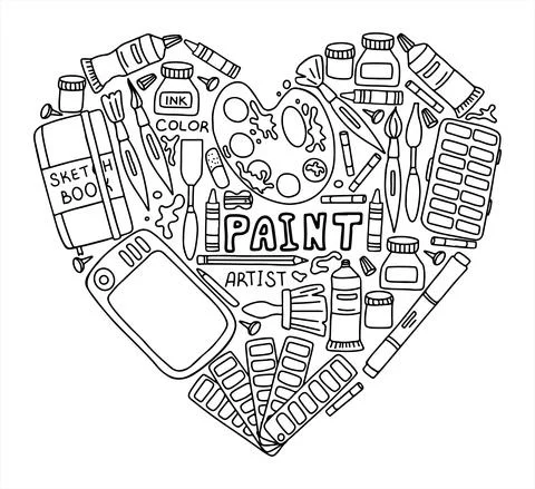 Vector art tools sketch. set hand drawn vector artist s supplies. Doodle graphic Stock Illustration