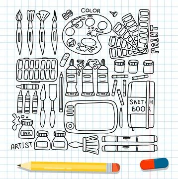 Vector art tools sketch. set hand drawn vector artist s supplies. Doodle graphic Stock Illustration
