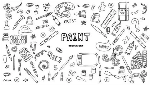 Vector art tools sketch. set hand drawn vector artist s supplies. Doodle graphic Stock Illustration