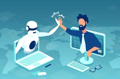 Vector of artificial intelligence, robot collaboration with a business man 스톡 일러스트
