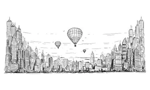 Vector Artistic Drawing Illustration of Hot Air Balloons Over Generic City High Ilustración de archivo