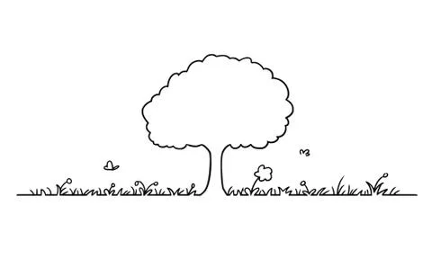 Vector Artistic Drawing Illustration of Simple Tree, Grass and Flowers Shape Stock Illustration