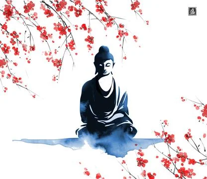 Vector artwork depicting a serene Buddha with vibrant red cherry blossoms Illustrazione stock