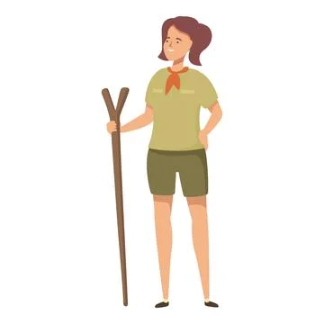 Vector artwork featuring a smiling woman ready for hiking, holding a walking Ilustración de archivo