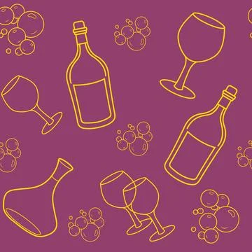 A vector artwork where golden silhouettes of wine glasses, bottles and decanters Stock Illustration