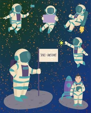 Vector astronauts in space, working character and having fun spaceman galaxy Stock Illustration