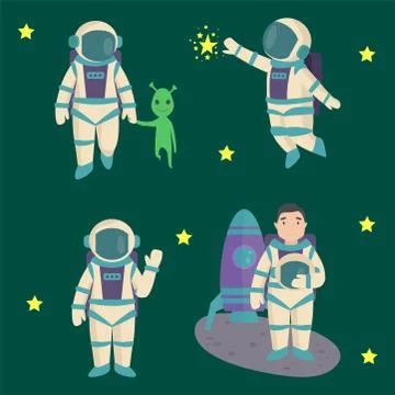 Vector astronauts in space, working character and having fun spaceman galaxy Stock Illustration