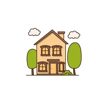 Vector asymmetrical yellow house icon. Vector house with a chimney and trees 스톡 일러스트