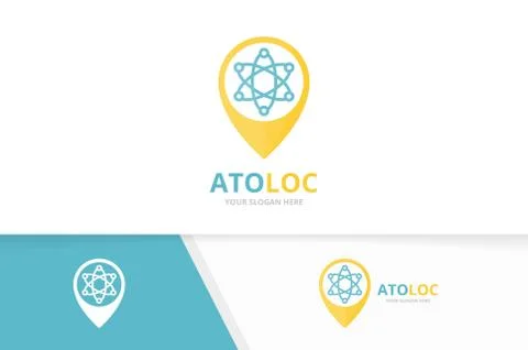 Vector atom and map pointer logo combination. Molecule and gps locator symbol or Illustrazione stock