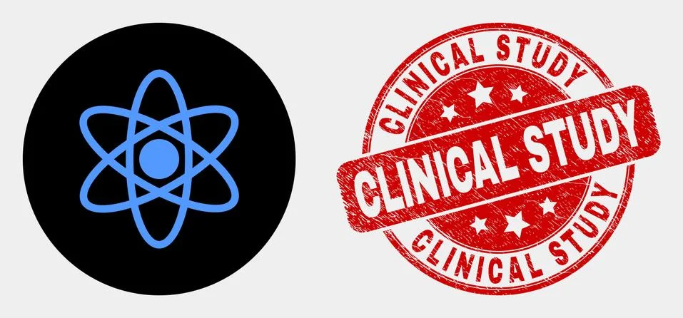 Vector Atom Model Icon and Grunge Clinical Study Seal イラスト素材
