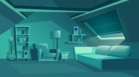 Vector attic interior at night, garret with furniture. Stock-Illustration