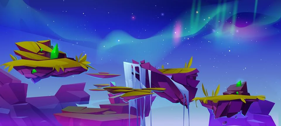 Vector aurora sky landscape with floating island Stock Illustration
