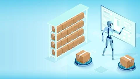 Vector, automated warehouse, logistics center with AI and robot implementatio Stock Illustration