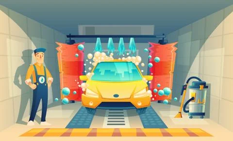 Vector automatic car washing service with worker Stock Illustration
