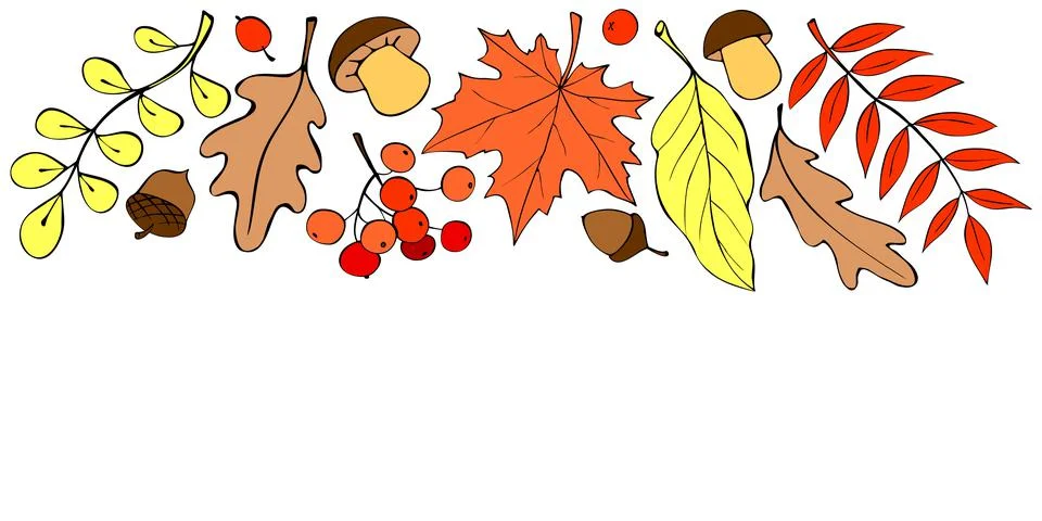 Vector autumn background with space and border of colorful leaves, mushrooms, Illustrazione stock