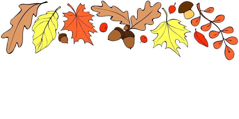 Vector autumn background with space and border of colorful leaves, mushrooms, Stock Illustration