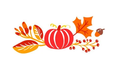 Vector autumn bouquet elements. maple orange leaves, berries and pumpkin Stock Illustration