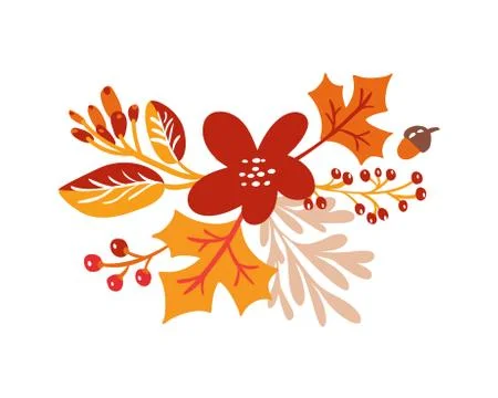 Vector autumn bouquet elements. maple orange leaves, berries flat lay Stock Illustration