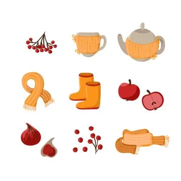 Vector autumn cute set. Hand drawn fall elements berries, scarf, teapot, cup and 스톡 일러스트