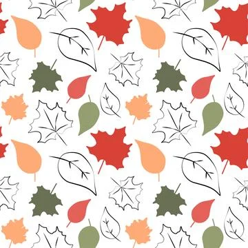 Vector autumn pattern with leaves, stripes and dots. Scandinavian style. Line Stock Illustration