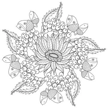 Vector autumn patterned background with oak leaves, sunflower, R Stock Illustration