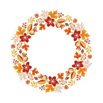 Vector Autumn round frame. Wreath of fall leaves. Background with hand drawn Stock Illustration