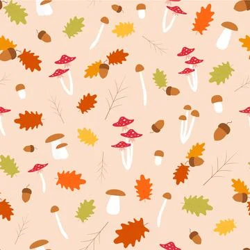 Vector autumn seamless pattern with leaves, acorns, mushrooms 스톡 일러스트