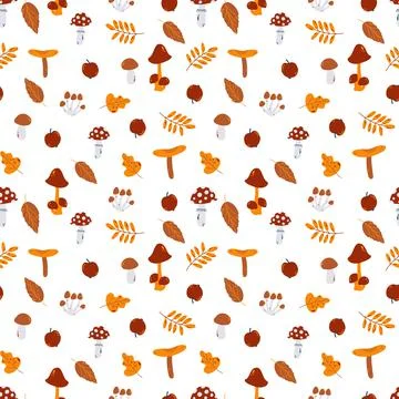 Vector autumn seamless pattern with mushrooms, fly agaric and leaves in hand Stock Illustration