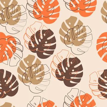 Vector. Autumn seamless pattern in pastel colors, with monstera leaves. Illustrazione stock