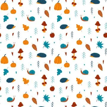 Vector autumn seamless pattern with pumpkin, rowan, spruce, acorn, mushrooms Stock Illustration