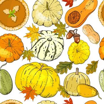 Vector autumn seamless pattern with pumpkins, pumpkin pie, maple and oak leav イラスト素材