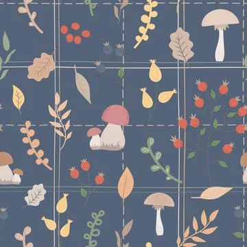 Vector Autumn seamless pattern for wrap, fabric, banner. Fall plants, mushrooms Illustrazione stock