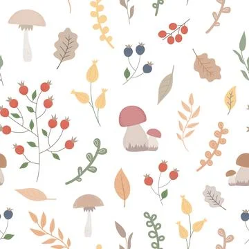 Vector Autumn seamless pattern for wrap, fabric, banner. Fall plants, mushrooms Stock Illustration