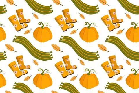 Vector autumn seamless patterns. Illustration with pumpkins, rubber boots, .. Stock Illustration