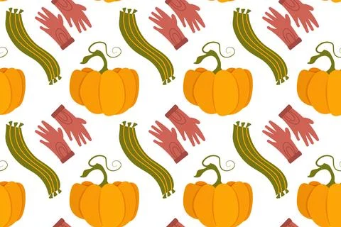 Vector autumn seamless patterns. Illustration with pumpkins, rubber boots, .. Illustrazione stock