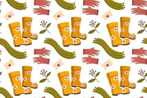 Vector autumn seamless patterns. Illustration with pumpkins, rubber boots, .. Stock Illustration