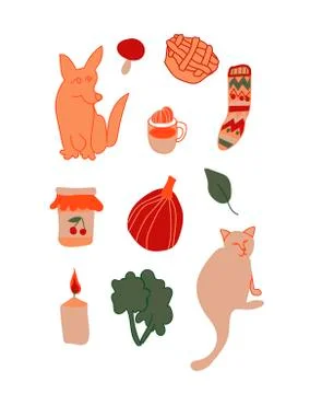Vector autumn set.Illustrations with corgi,cat, Stock Illustration