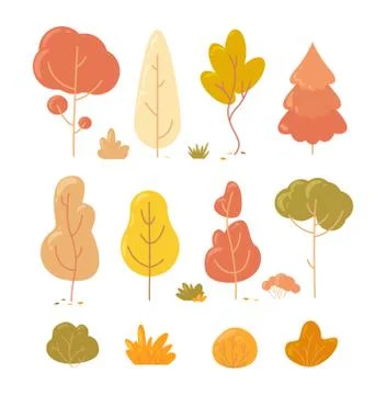 Vector autumn trees. Simple collection of autumn trees of different shapes. Stock Illustration