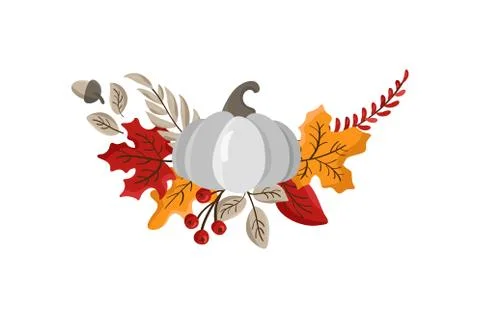 Vector Autumn wreath design template print with gray pumpkins, maple leaves and Stock-Illustration
