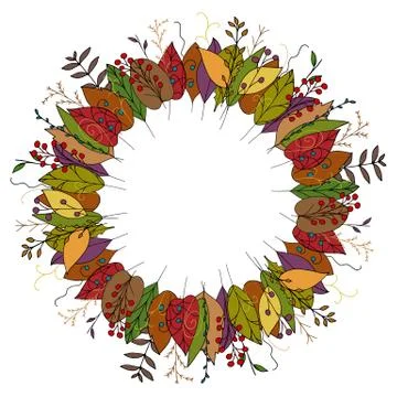 Vector autumn wreath made of doodle leaves Stock Illustration