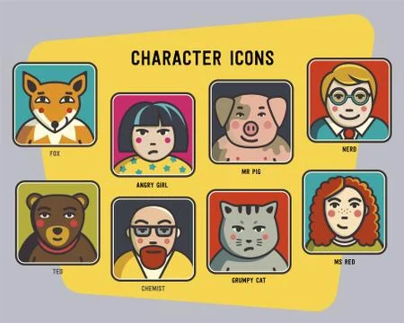 Vector avatars set. funny colorful characters. men, women and funny animals. Stock Illustration