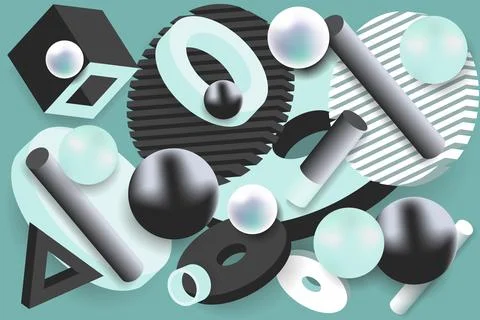 Vector. Azure, green and gray background with 3D geometric shapes, shadows. Stock Illustration