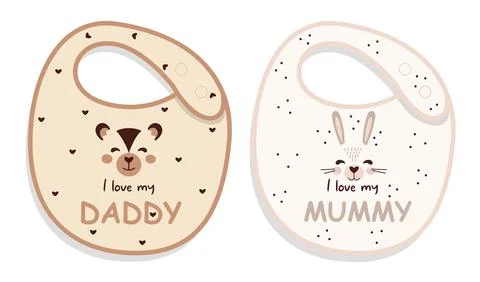 Vector Baby feeding bib with cute cartoon bunny and teddy bear stickers Fla.. Stock Illustration