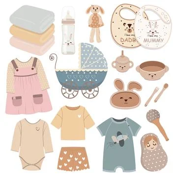 Vector Baby Set Clothes Feeding Bottle Bib Pram Dishes Towels Dress Dolls Fla Stock Illustration