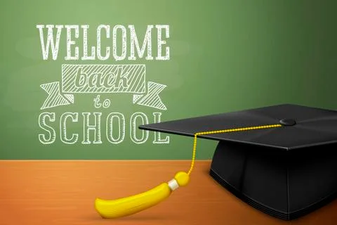 Vector Back to school banner with graduation cap on the table Stock Illustration