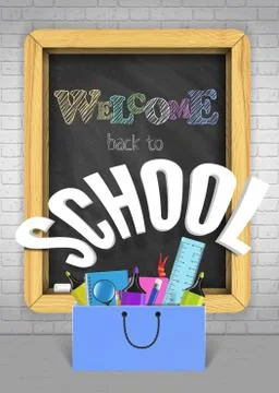 Vector Back to school blackboard banner with supplies and items. Chalkboard on Stock Illustration